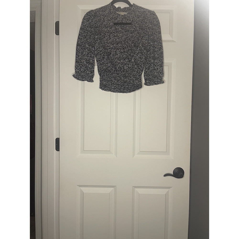Monteau 3/4 Sleeve Ditsy Floral Smocked Blouse Black White Small